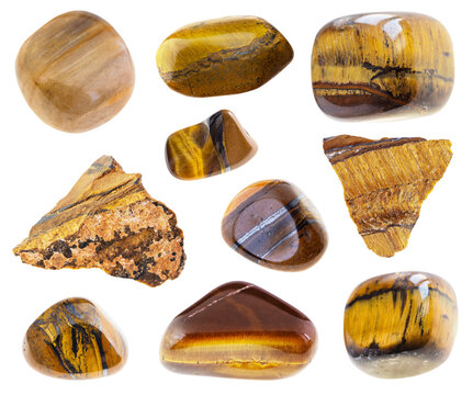 set of various tigers eye gemstones cutout