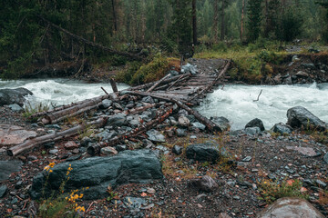 Atmospheric rainy landscape with forest and bridge over mountain river. Dark forest scenery with powerful river in rain. Bridge across mountain river in rainfall. Mountain creek in rainy weather.