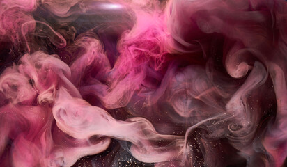 Pink smoke on black ink background, colorful fog, abstract swirling touch ocean sea, acrylic paint pigment underwater © amixstudio
