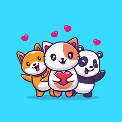 Obraz na płótnie Canvas Cute Cat, Panda And Dog With Love Cartoon Vector Icon Illustration. Animal Love Icon Concept Isolated Premium Vector. Flat Cartoon Style