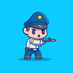 Cute Policeman Shooting With Gun Cartoon Vector Icon Illustration. People Profession Icon Concept Isolated Premium Vector. Flat Cartoon Style