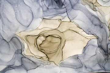 Abstract gray ocher watercolor background. Paint stains and wavy spots in water, luxury fluid...