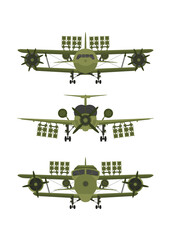Set Military plane front view. Green fighter with rocket launchers.