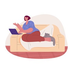 Fototapeta premium Freelancer woman with laptop sitting on the couch. Vector illustration in flat style.
