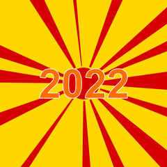 2022 year symbol on a background of red flash explosion radial lines. The large orange symbol is located in the center of the sun, symbolizing the sunrise. Vector illustration on yellow background