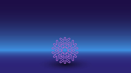 Neon snowflake symbol on a gradient blue background. The isolated symbol is located in the bottom center. Gradient blue with light blue skyline