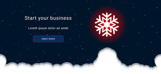 Business startup concept Landing page screen. The snowflake symbol on the right is highlighted in bright red. Vector illustration on dark blue background with stars and curly clouds from below