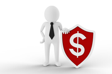 3D Man is Posing With A Shielded Dollar Sign Against White