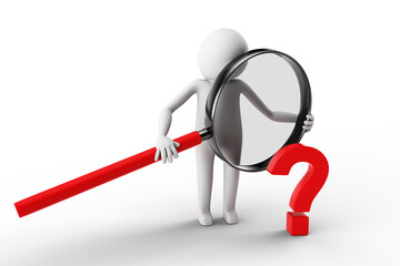 3D Man is Observing a Question Mark with Magnifier Against White