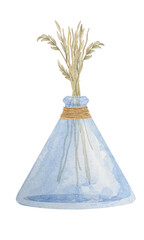 Watercolor dry grass pampas in blue glass vase with rope twine