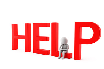 3D Man is Sitting on a Help Title and Waiting For Assistance On White