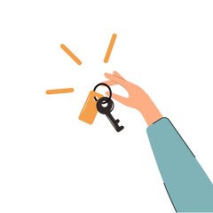 A female hand holds a key. Vector isolated illustration. A woman's hand dangling a key.