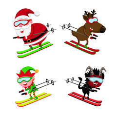 Cute cartoon style illustration set of Christmas characters skiing
