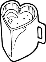 vector doodle illustration isolated on white background, mug in the form of a heart with a drink, sticker, t-shirt design, embroidery, card, postcard, sticker