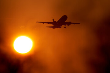 Vacation plane takes off in the evening against the light. Air vehicle in orange sky against setting sun. Plants in the foreground. Bokeh.