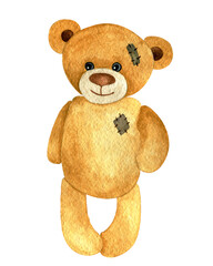 one isolated watercolor brown teddy bear with patches on white background.