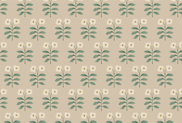 水彩の白い花柄のベージュ背景の壁紙
