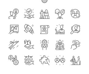 Fototapeta Startup people. Launch of project. Advantages and disadvantage. Key audience. Go to success. Pixel Perfect Vector Thin Line Icons. Simple Minimal Pictogram obraz