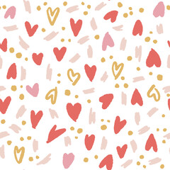 Valentine's Day seamless pattern. Trendy flat hand drawn hearts and decorative love elements.