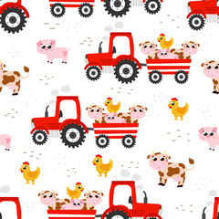 Colorful seamless pattern with tractor with farm animals - cows and pigs, chickens in cartoon style