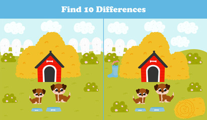 Find differences game for kids with dog family and house, haystacks, farm landscape in cartoon style