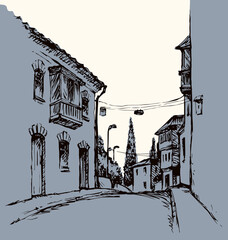Narrow street of the old city. Vector drawing
