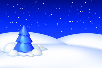 Winter landscape with a Christmas tree in the snow. Blue spruce in snowfall. 3D cartoon tree, drifts and snowfall