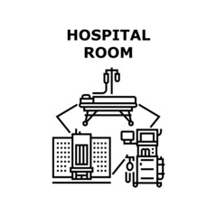 Hospital room bed. Patient. Clinic medical care. Health therapy vector concept black illustration
