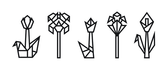 origami style illustration of flowers. abstract geometric outline drawing for icon, logo, element, etc. uncolored vector element design.