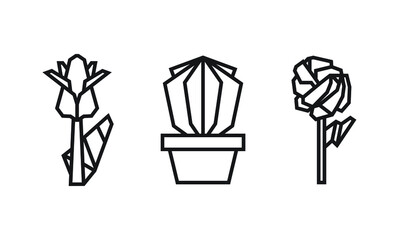 origami style illustration of flowers. abstract geometric outline drawing for icon, logo, element, etc. uncolored vector element design.