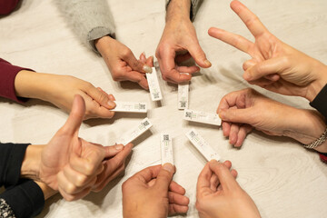 Very happy family after giving negative in the antigen test and being able to carry out the family celebration. Coronavirus pandemic, security measures, responsibility, new normal