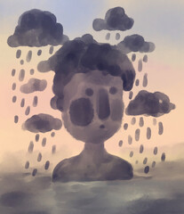 depression. a man standing in the water in the rain. a symbol of unhappiness, loss, loneliness