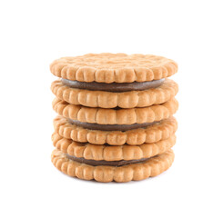 Stack of tasty sandwich cookies with chocolate cream on white background