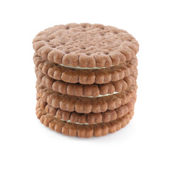 Stack of tasty chocolate sandwich cookies on white background