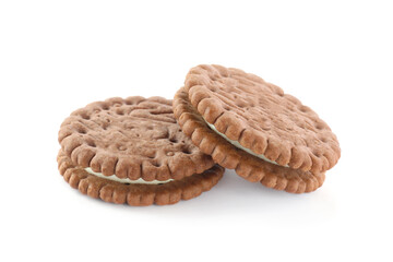 Tasty chocolate sandwich cookies on white background