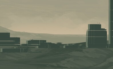 Empty rural landscape illustration. Alien city. Space art. Abandoned huge structures.