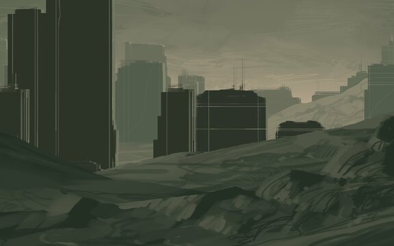 Empty rural landscape illustration. Alien city. Space art. Abandoned huge structures.