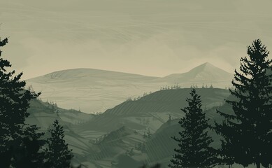 Empty rural landscape illustration. Canadian wilderness.