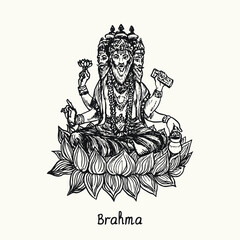 Brahma sitting on lotus. Ink black and white doodle drawing in woodcut style with inscription.
