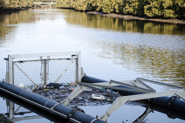 Litter caught in a litter trap in a river.