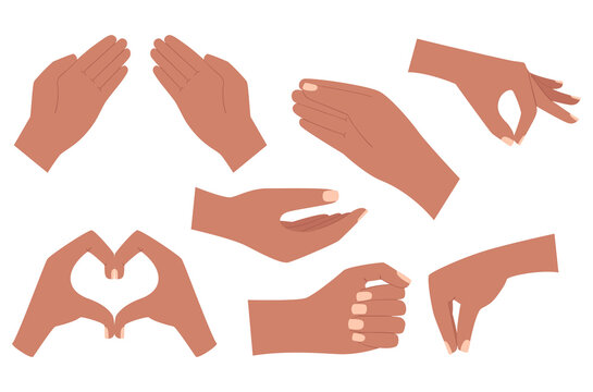 A set with empty human hands. The hand holds, gives, depicts a heart gesture, holds with two fingers, a pinch gesture. Cartoon dark-skinned hands. Vector illustration isolated on a white background.