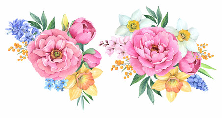 Spring bouquet on a white background. Peonies, daffodils, hyacinths, mimosa, leaves. Watercolor illustration.