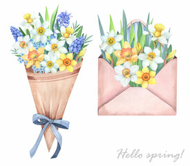 Watercolor illustration. Bouquet of spring flowers on a white background. Daffodils, forget-me-not, muscari, leaves.