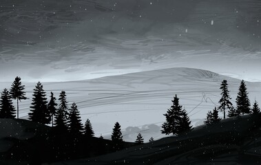 Empty rural landscape illustration. Canadian wilderness. Pine forest and snow. © Jakub