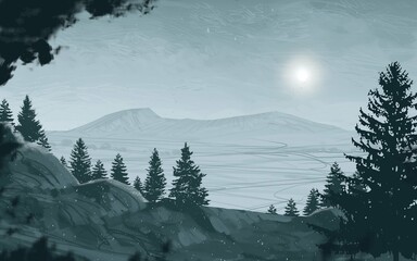 Empty rural landscape illustration. Canadian wilderness. Pine forest and snow. © Jakub