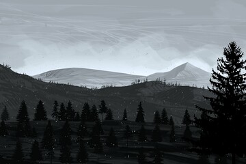 Empty rural landscape illustration. Canadian wilderness. Pine forest and snow. © Jakub