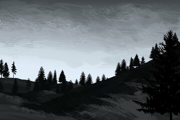 Empty rural landscape illustration. Canadian wilderness. Pine forest and snow. © Jakub