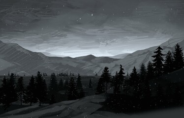 Empty rural landscape illustration. Canadian wilderness. Pine forest and snow. © Jakub