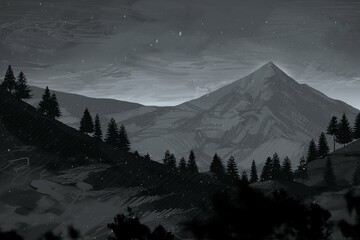 Empty rural landscape illustration. Canadian wilderness. Pine forest and snow. © Jakub