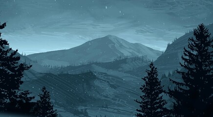 Empty rural landscape illustration. Canadian wilderness. Pine forest and snow. © Jakub